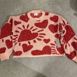 NEW Luna Ivy Women Sweater Pink Red Heart Sequins Crewneck Pullover NWT XS